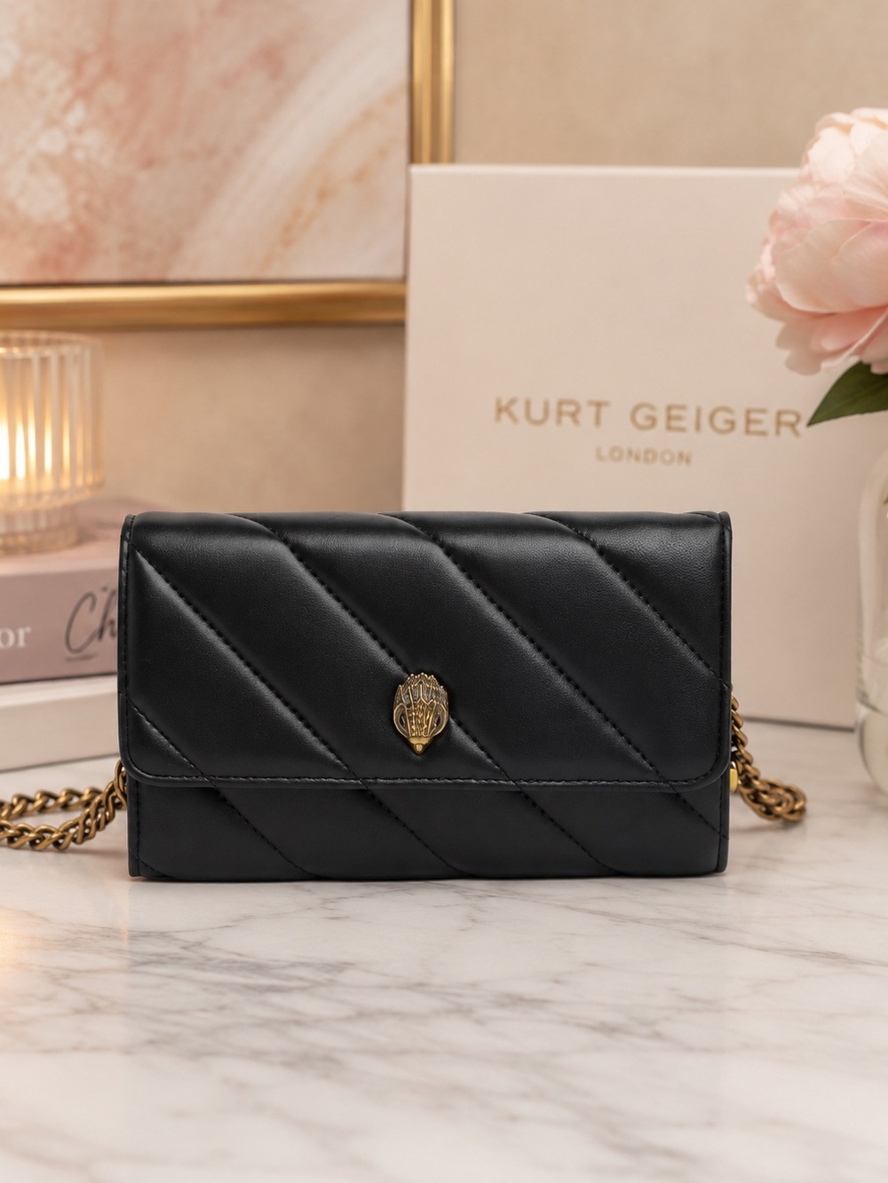 Kurt Geiger London Soho Quilted Genuine Calfskin Leather Brass Chain Wallet